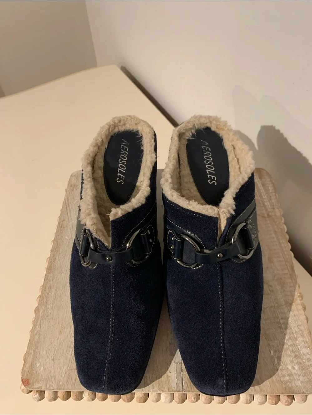Navy Suede Shearling-Lined Mule Heels with Buckle Detail - Picture 4 of 5